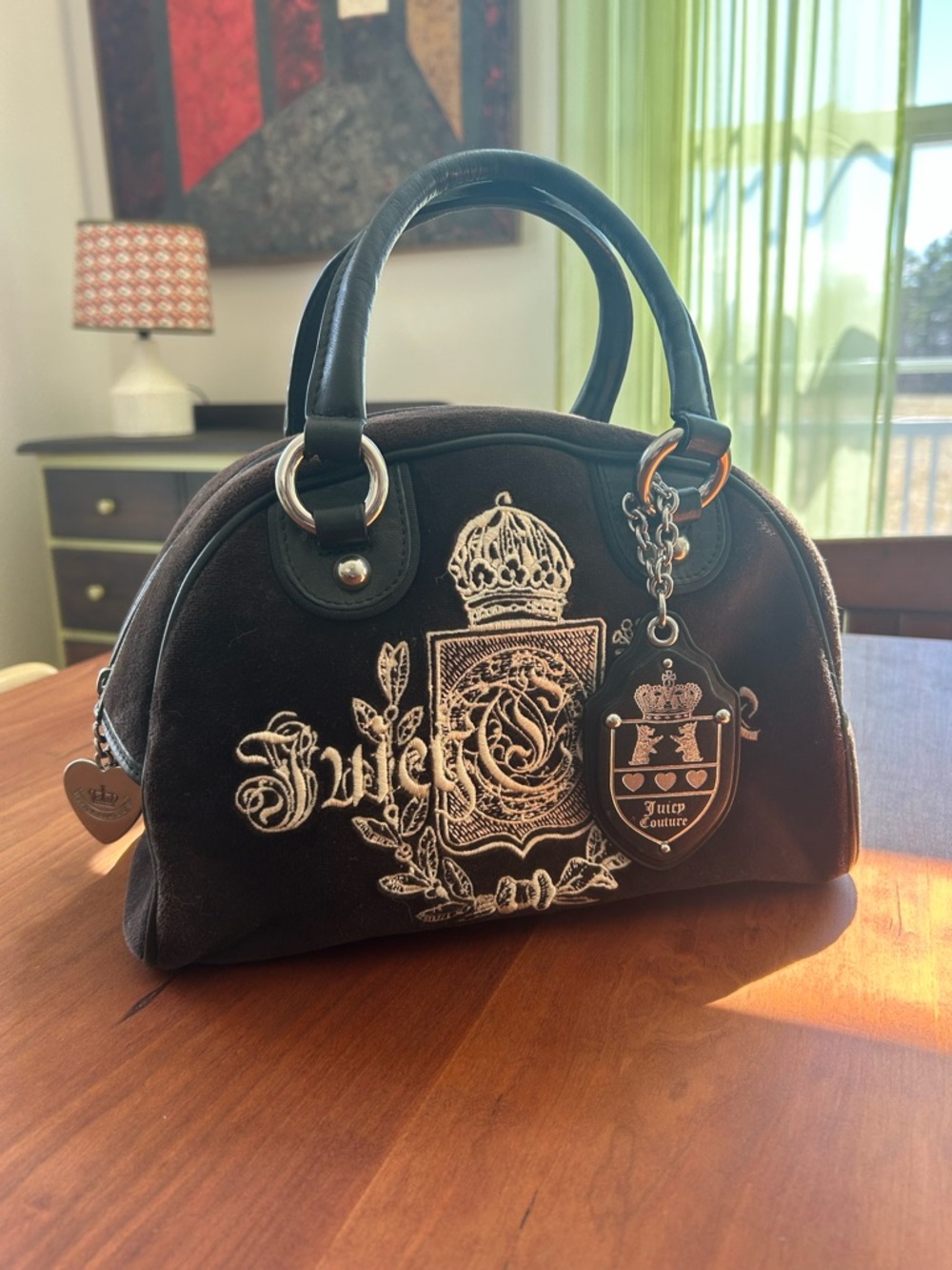 Juicy Couture brown/black Velvet bowling Dome Satchel with White Crest